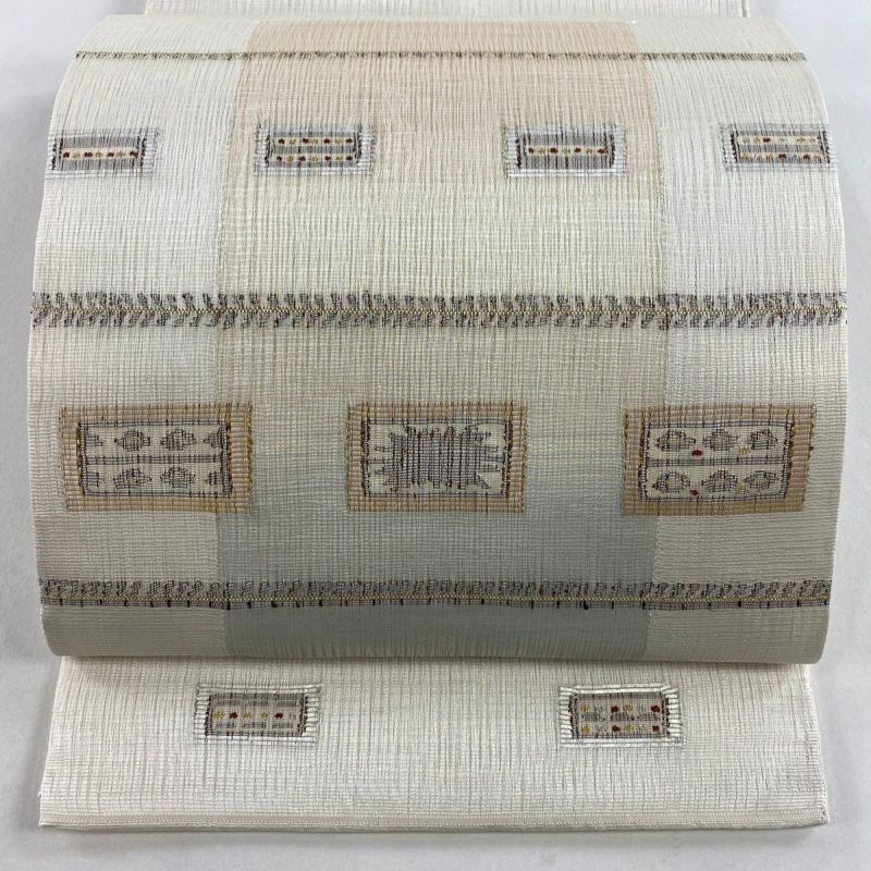 袋帯 美品 秀品 夏帯 幾何学模様 縞 箔 金糸 クリーム お太鼓柄