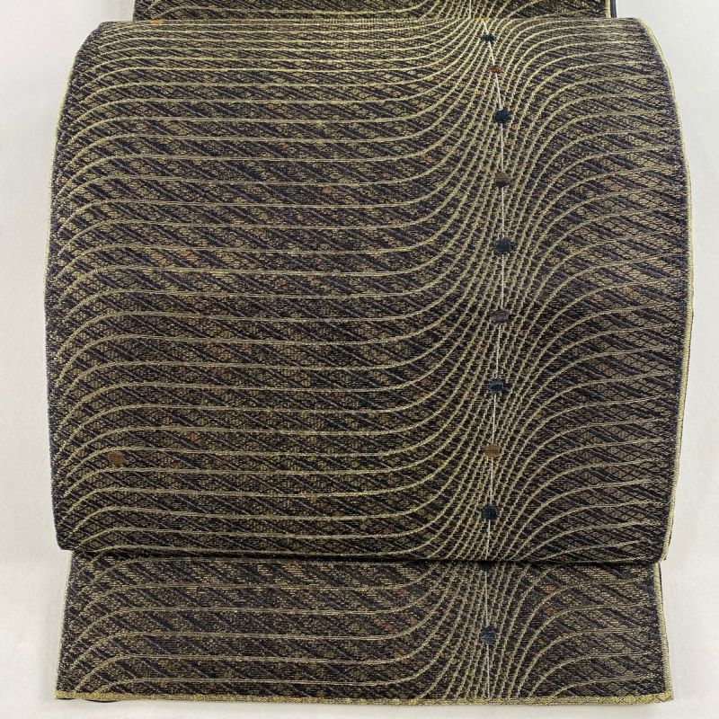 袋帯 美品 秀品 幾何学模様 金糸 箔 黒灰 六通 正絹｜中古・古着