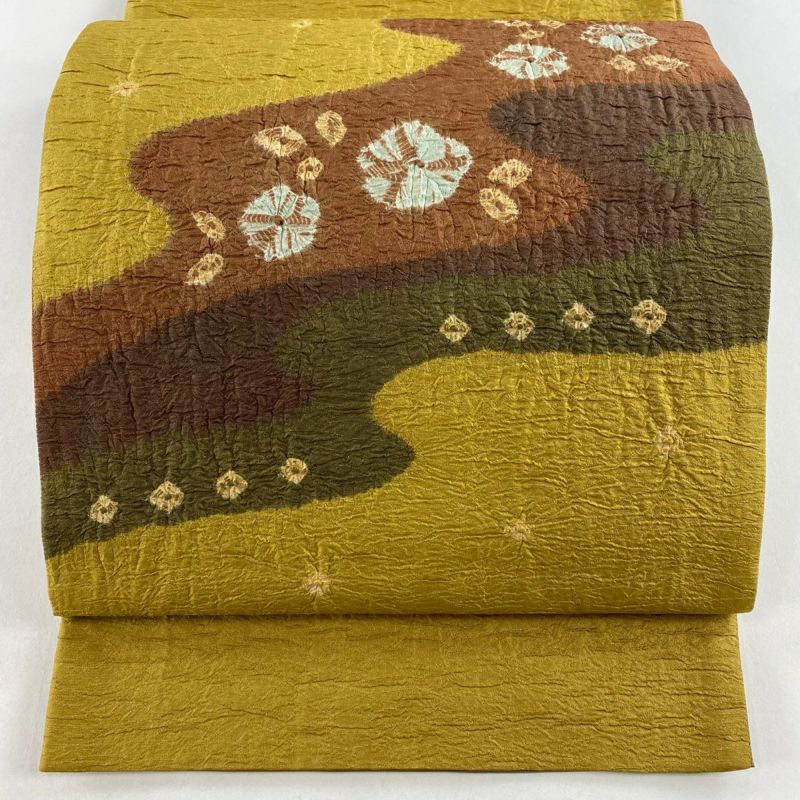 袋帯 秀品 花柄 ヱ霞 箔 絞り からし色 お太鼓柄 正絹｜中古
