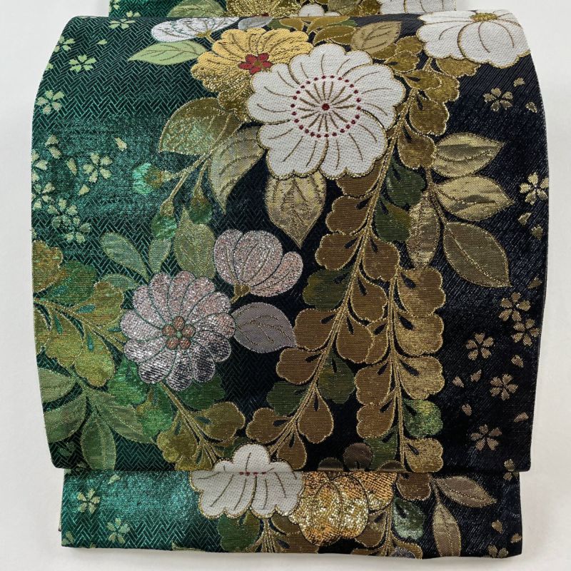 袋帯 美品 秀品 草花 箔 緑 六通 正絹｜中古・古着・リサイクル