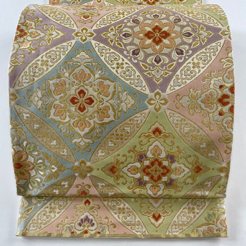 袋帯 本家加納 遠山 金彩 金箔 六通 袋帯 正絹 T-430 袋帯 美品 秀品 落款あり 関西仕立て 本家加納 七宝 金糸 箔