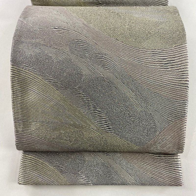 袋帯 美品 秀品 落款あり 幾何学模様 金銀糸 灰色 全通 正絹
