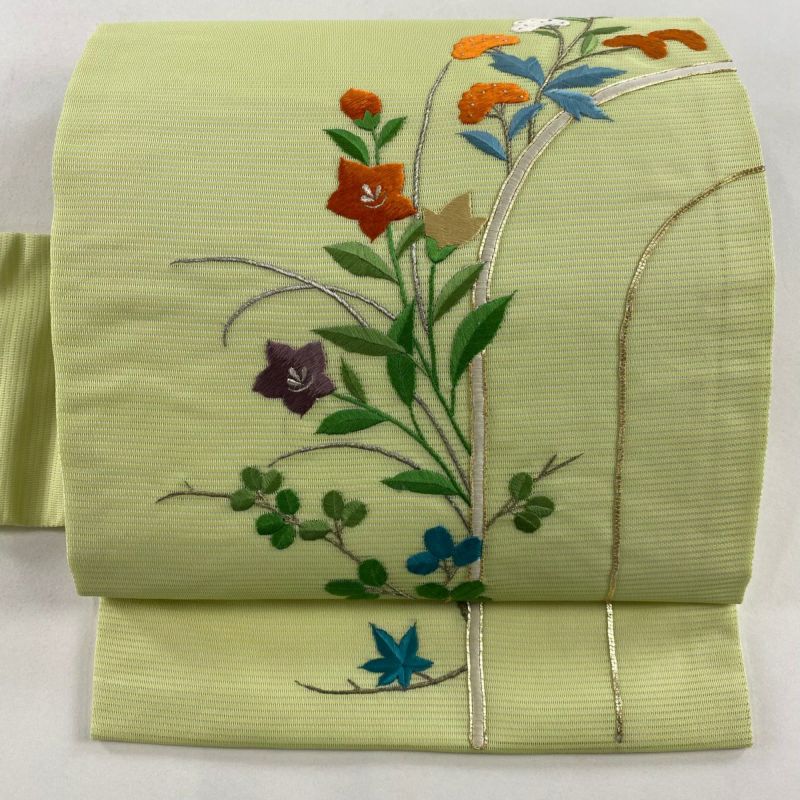 【超超美品】名古屋帯 絞り柄 花柄 緑色 正絹 普段着物 普段帯 若草色 5-8-00002s-a.jpg