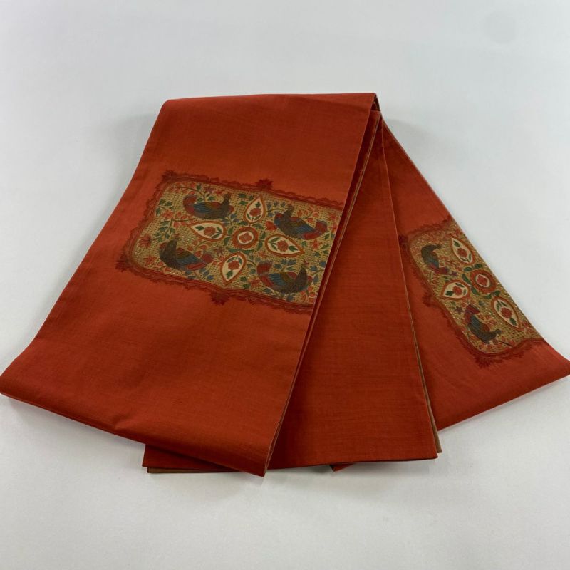 田中野夫正絹　幾何学模様 袋帯 鳥刺繍 正絹 ］京袋帯 シカ 刺繍（ オフシロ 3TKO-4 ）生成り 鹿 帯単品