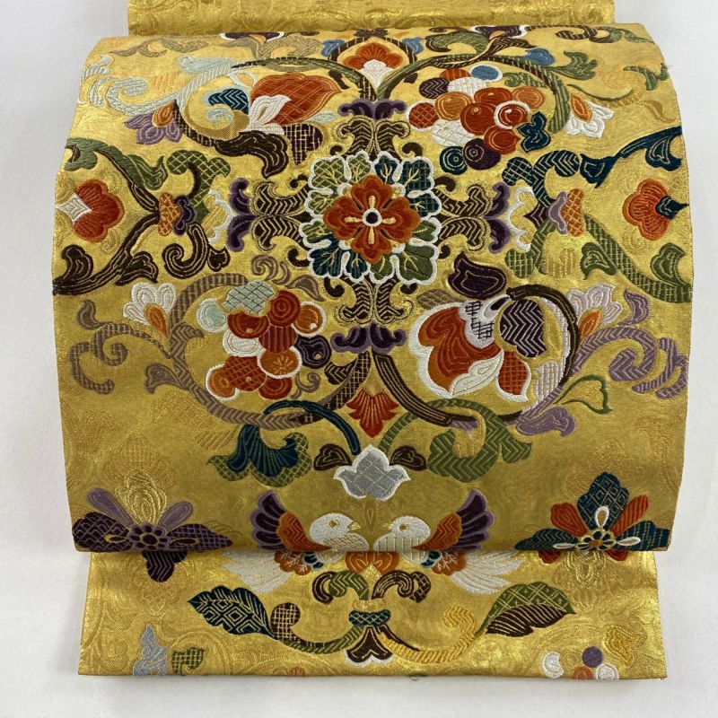 袋帯 美品 秀品 王朝装束 草花 向かい鳥 金糸 箔 金色 六通 正絹