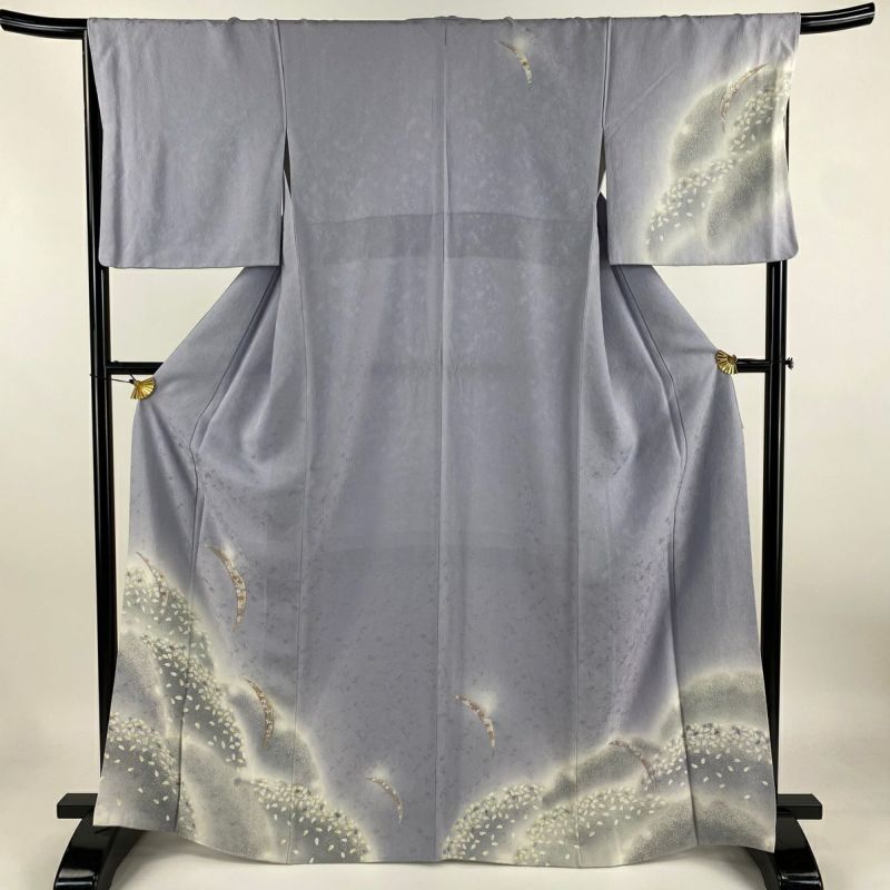 付下げ 身丈165cm 裄丈67.5cm L 袷 雪芝 花びら 金糸 金彩 薄紫