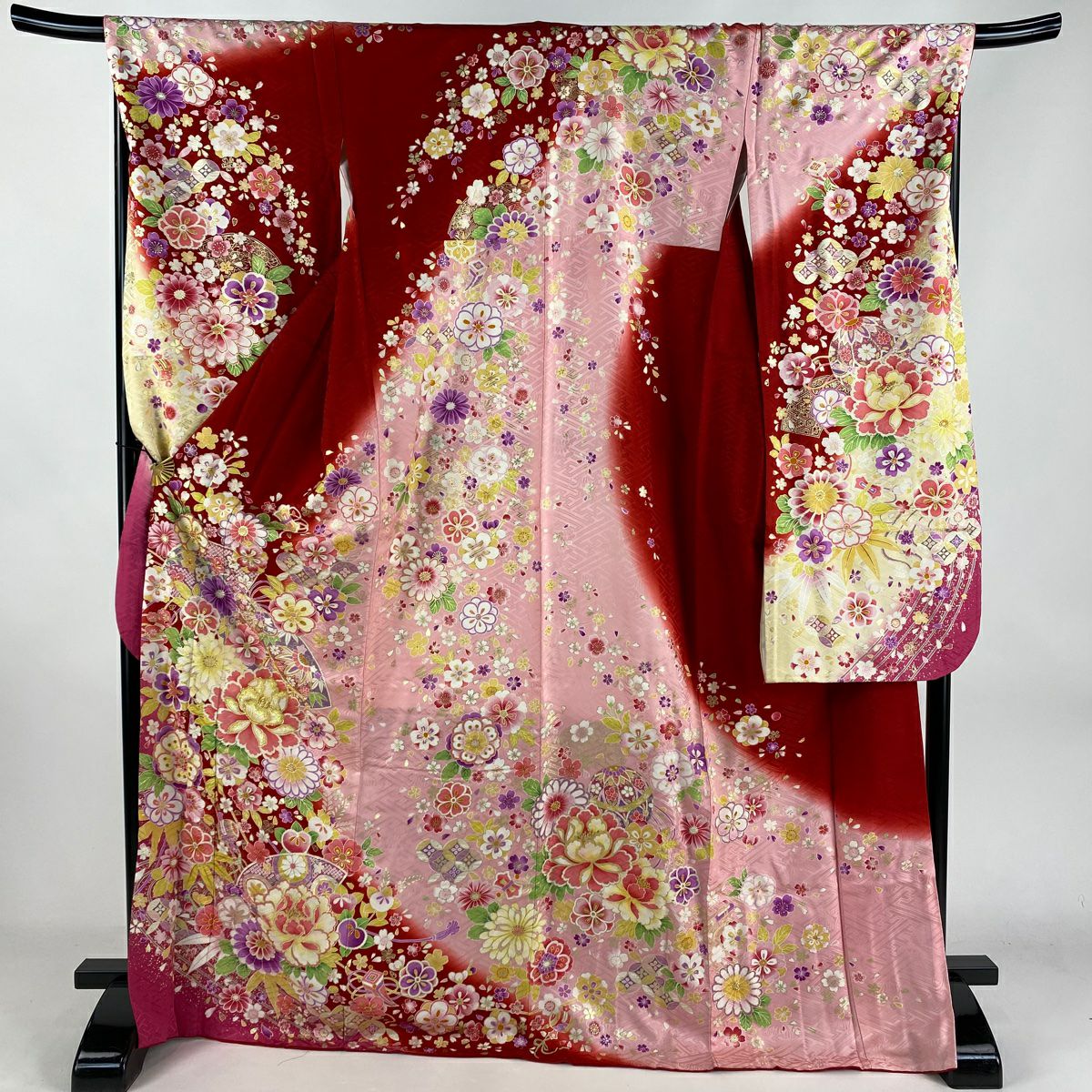 50%OFF 振袖 身丈176.5cm 裄丈69cm L 袷 草花 御所車 箔 金銀彩