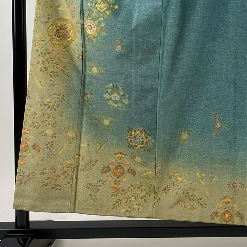 訪問着　古典花柄　金狛刺繍　一つ紋　竹の地紋　正絹　黄色 汕頭 蘇州 相良 総刺繍 一つ紋 訪問着 花 ヱ霞 正絹 水色 687