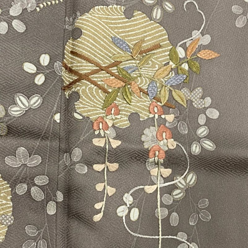 訪問着 身丈165cm 裄丈64cm M 袷 雪輪 萩 刺繍 金糸 灰紫 正絹