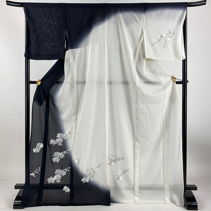 【美品】織編 大帷 短丈 袷／白橡（しろつるばみ）　Sサイズ 訪問着 身丈172cm 裄丈67.5cm L 薄物 絽 胡蝶蘭 刺繍 金銀糸 黒