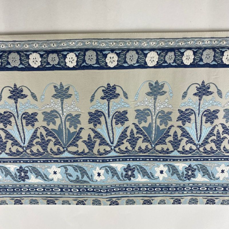 袋帯 美品 名品 草花 縞 青灰色 六通 正絹｜中古・古着