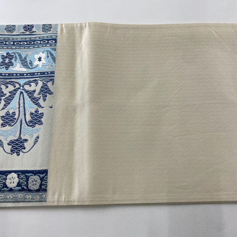 袋帯 綴れのパステル 美しい加工 正絹 AO-3046 袋帯 秀品 落款あり 黄金糸 千松虹彩文様 金銀糸 灰紫 全通 正絹
