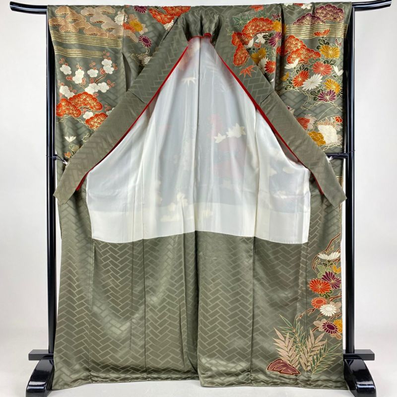 振袖 身丈172.5cm 裄丈68.5cm L 袷 菊 松竹梅 金糸 金彩 灰緑