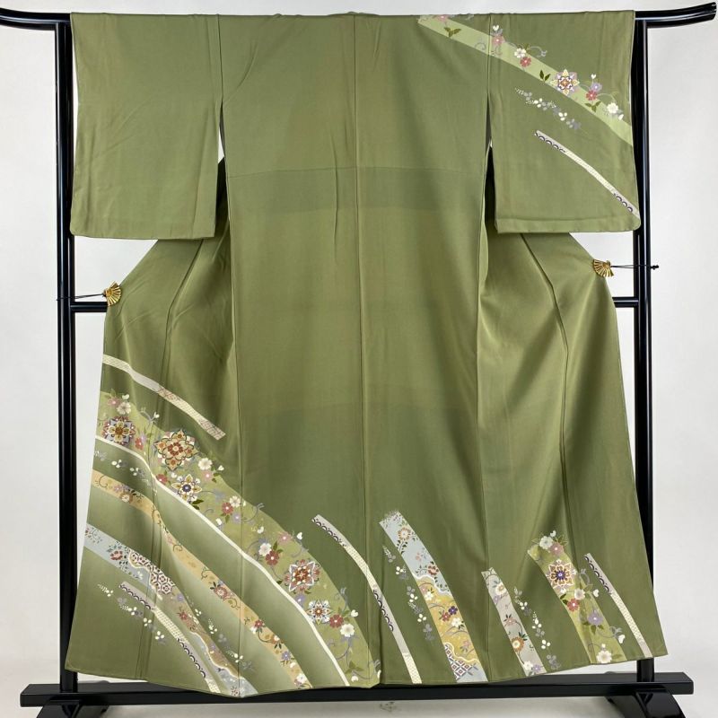 訪問着 身丈155cm 裄丈64cm M 袷 華文 花唐草 金糸 金彩 灰緑 訪問着 身丈155cm 裄丈64cm M 袷 華文 花唐草 金糸 金彩 灰緑