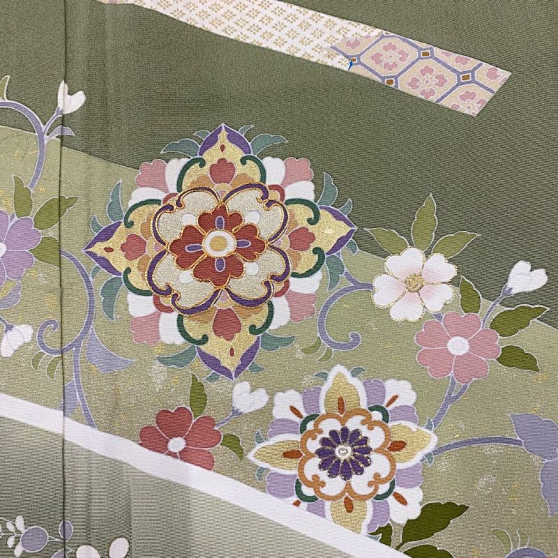 訪問着 身丈155cm 裄丈64cm M 袷 華文 花唐草 金糸 金彩 灰緑 訪問着 身丈155cm 裄丈64cm M 袷 華文 花唐草 金糸 金彩 灰緑