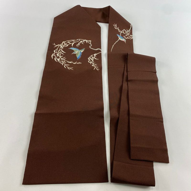 名古屋帯 美品 秀品 鳥 柳 縮緬 焦茶色 正絹｜中古・古着