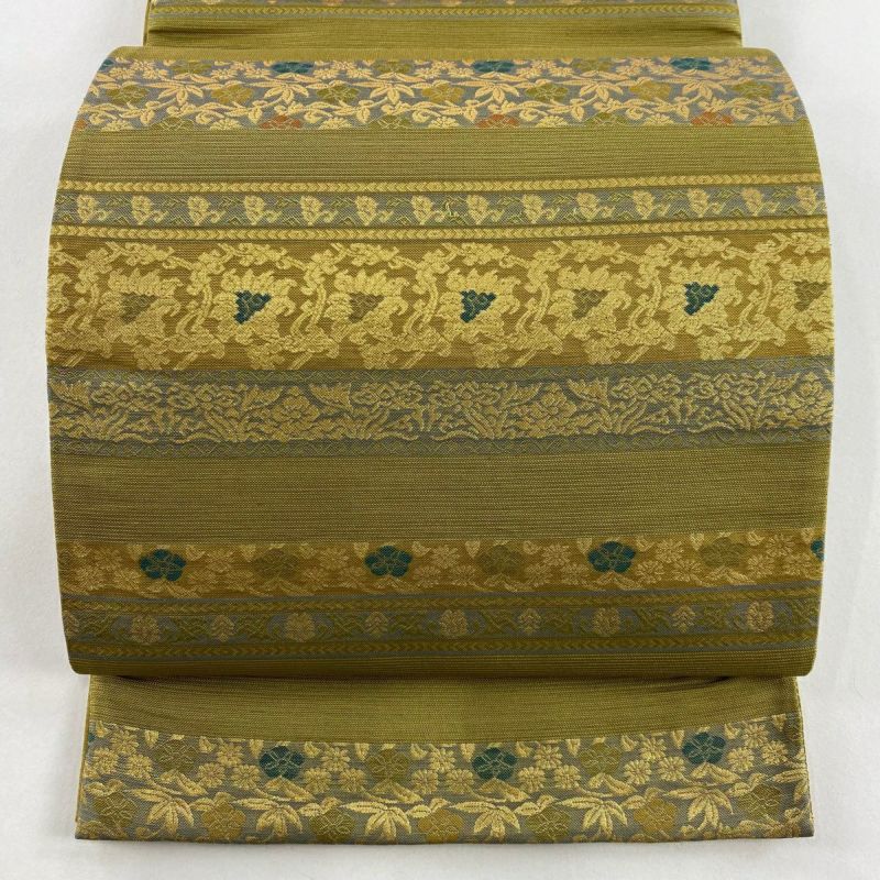 袋帯 秀品 段縞 うさぎ 箔 鶯色 六通 正絹｜中古・古着