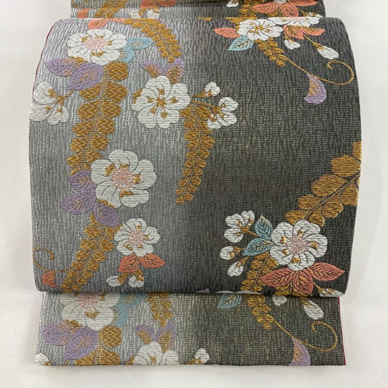 袋帯 秀品 草花 金糸 箔 銀色 六通 正絹｜中古・古着