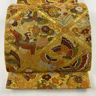 専用帯196 ●河合美術織物謹製 高級 正絹 六通 袋帯 松竹梅 鶴 袋帯 美品 名品 河合美術織物 落款あり 豊明錦 蝶 花鳥 唐織 箔