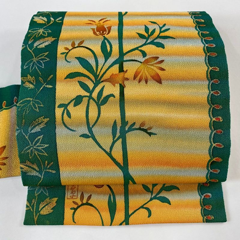 名古屋帯 美品 優品 落款あり 花唐草 縞 縮緬 ぼかし オレンジ