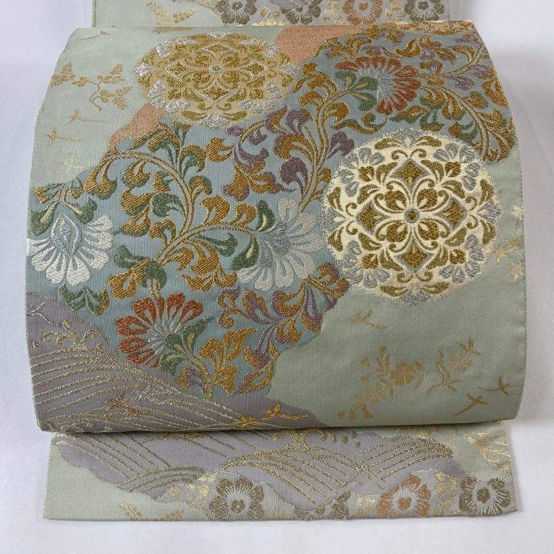 袋帯 秀品 華文 草花 金銀糸 箔 薄緑 六通 正絹｜中古・古着