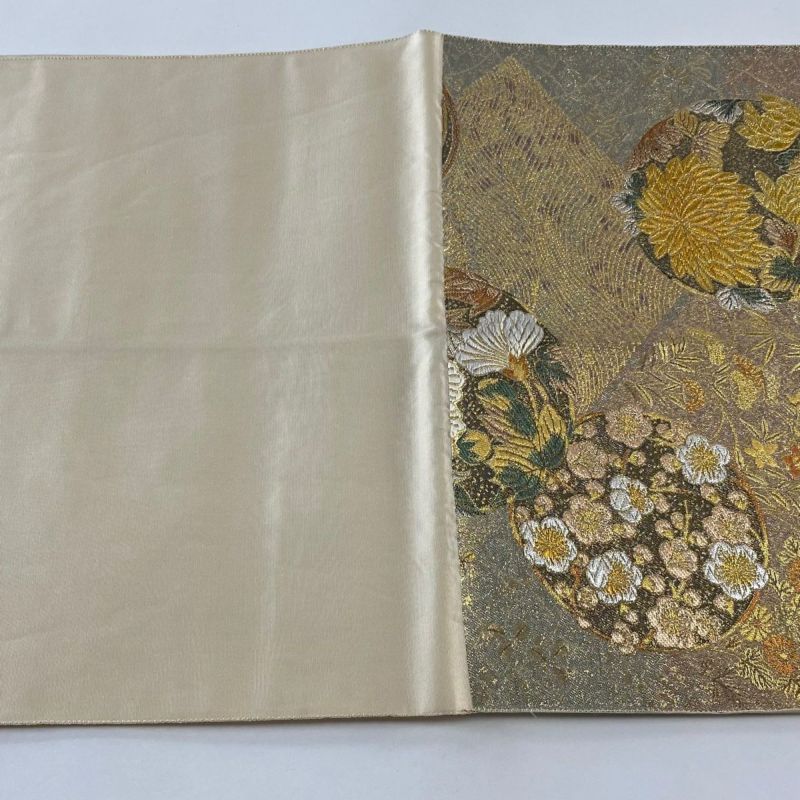 M149 夏帯　彩美人　花丸文　絽　六通　正絹　袋帯　美品 袋帯 美品 秀品 彩華花丸文 金銀糸 箔 金色 六通 正絹｜中古