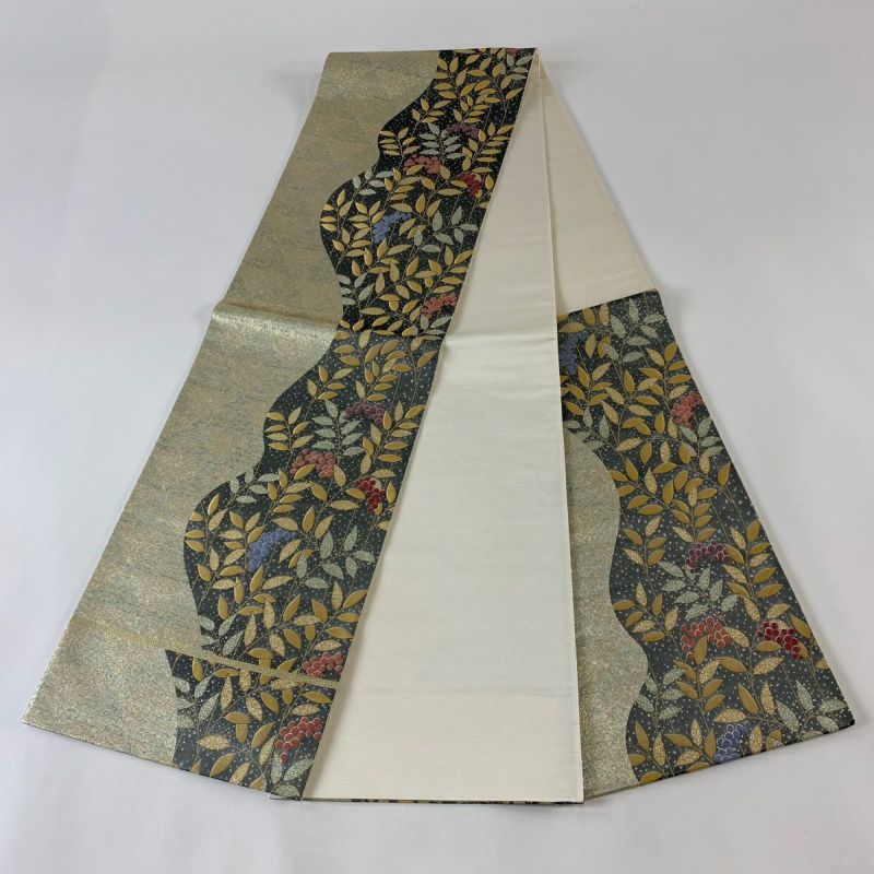 袋帯 美品 秀品 葉と実 金糸 箔 金色 六通 正絹｜中古・古着