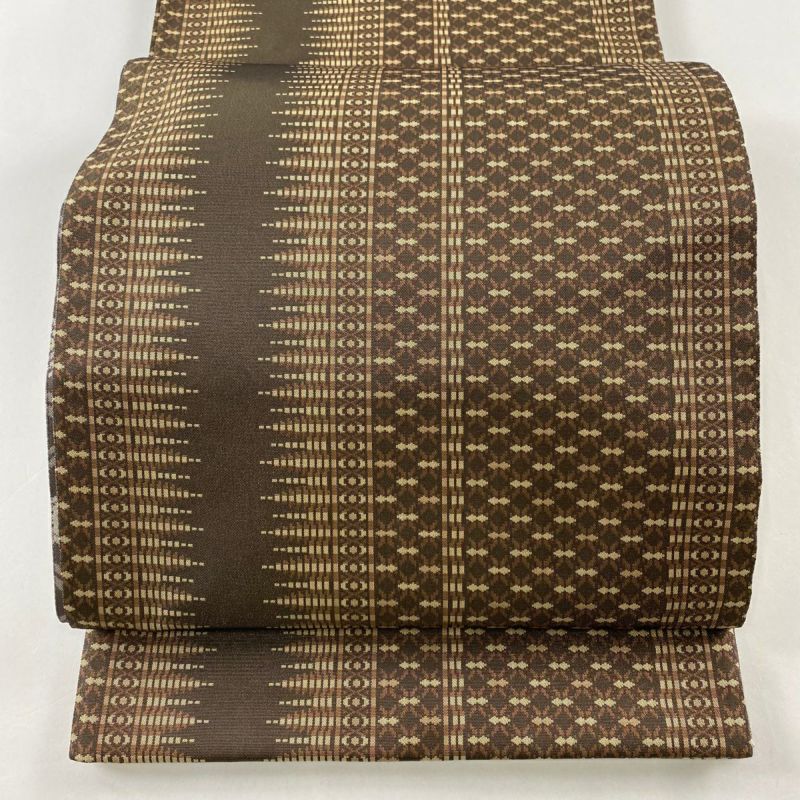 袋帯 美品 名品 縞 幾何学模様 金糸 茶色 全通 正絹｜中古・古着