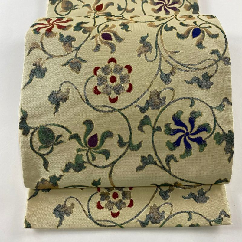 袋帯 美品 名品 花唐草 箔 金糸 ベージュ 六通 正絹｜中古・古着