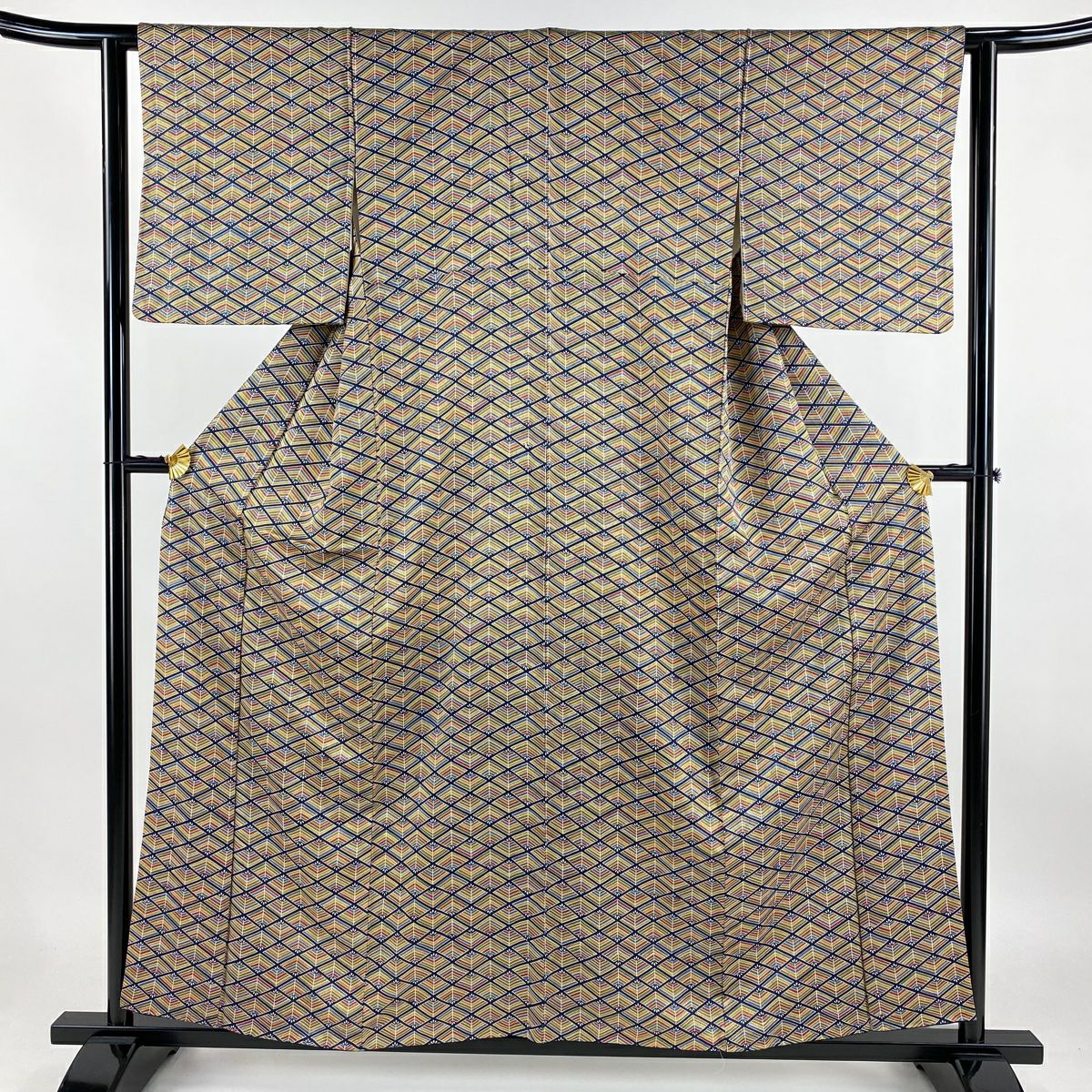 紬 身丈156cm 裄丈64.5cm M 袷 やまと 蝶 紺色 正絹 美品 優品