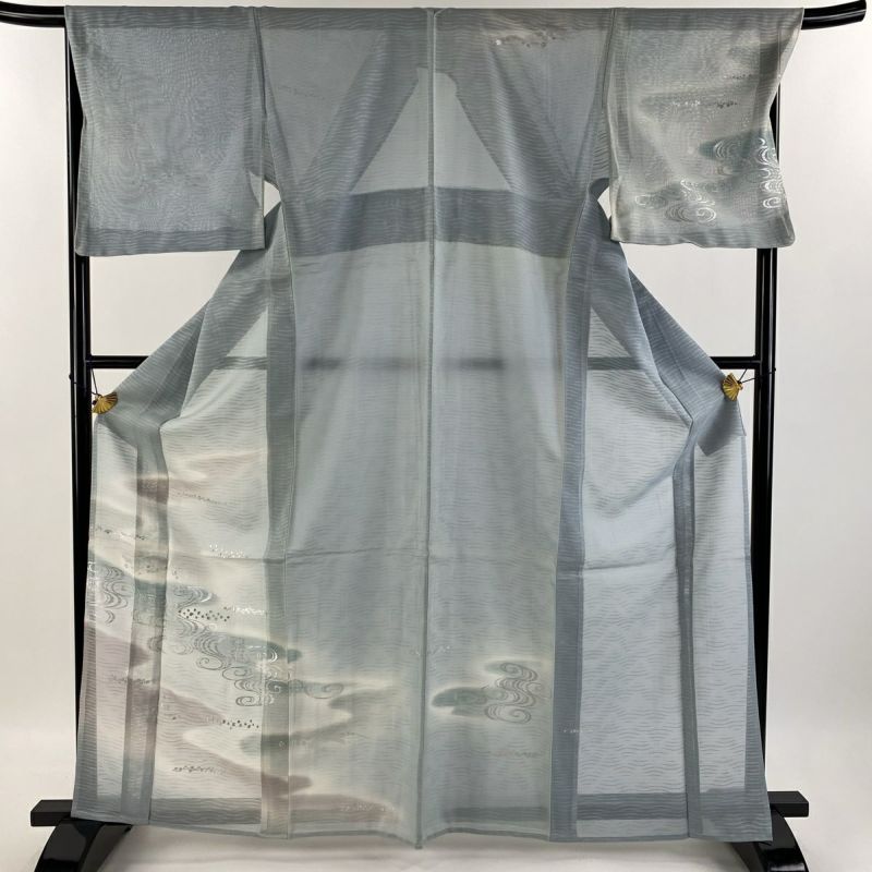 付下げ 身丈165cm 裄丈68.5cm L 薄物 紗 流水 霞 銀糸 銀彩 青
