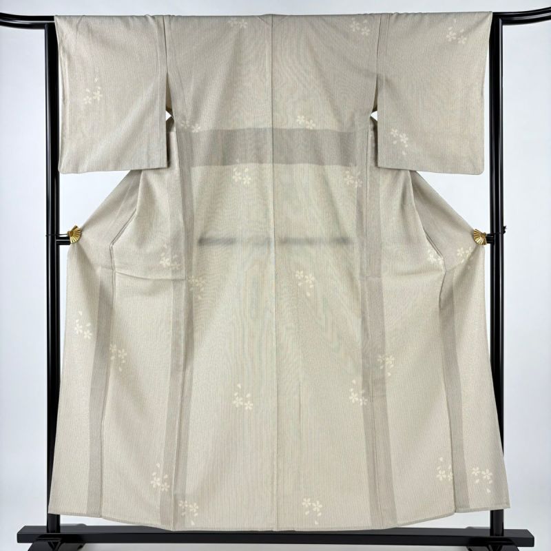 紬 身丈156cm 裄丈63.5cm S 単衣 桜 縦縞 ベージュ 正絹 美品 秀
