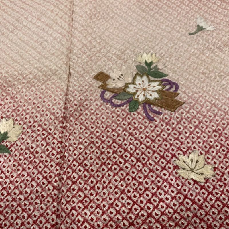 付下げ　袷　正絹　部分絞り　豆がら茶色　草花刺繍　身丈163裄66.5 付下げ 身丈163.5cm 裄丈66.5cm M 袷 草花 刺繍 ぼかし 薄紫