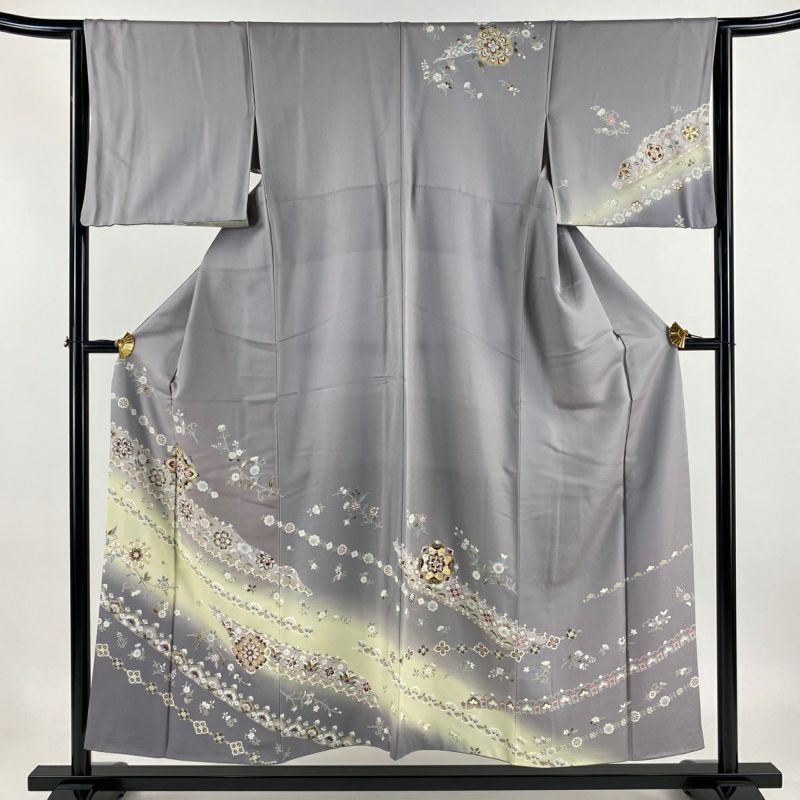 訪問着 身丈153.5cm 裄丈64cm M 袷 華文 草花 金銀彩 ぼかし 灰