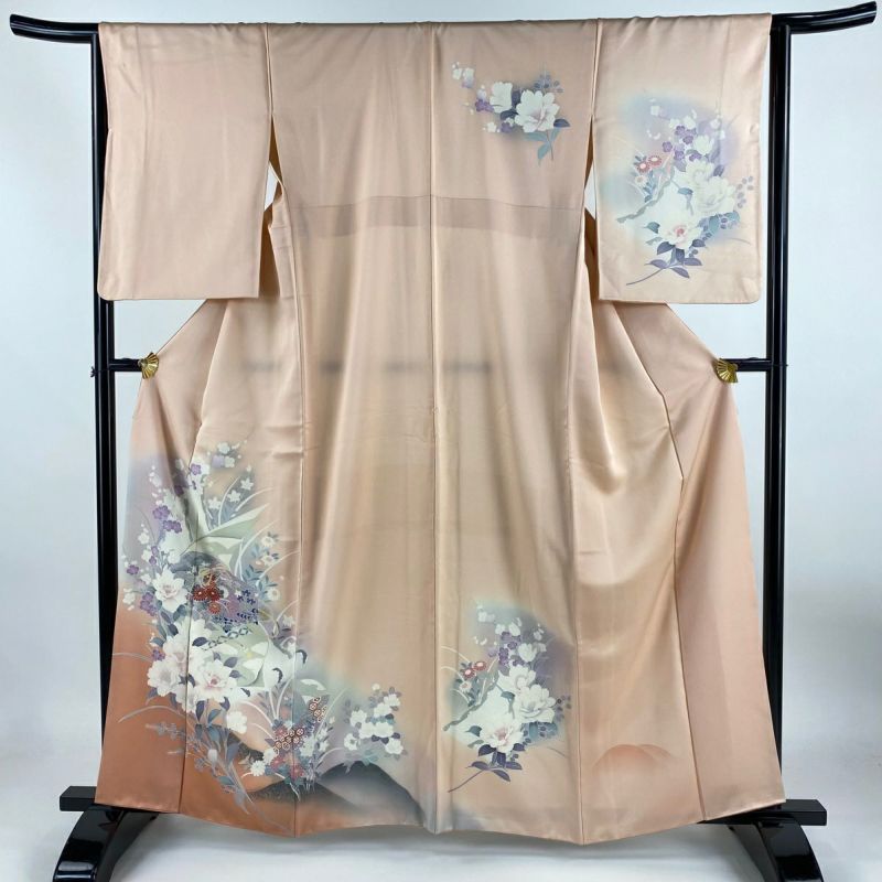 訪問着 身丈161cm 裄丈64cm M 袷 文箱 枝花 ぼかし 薄ピンク