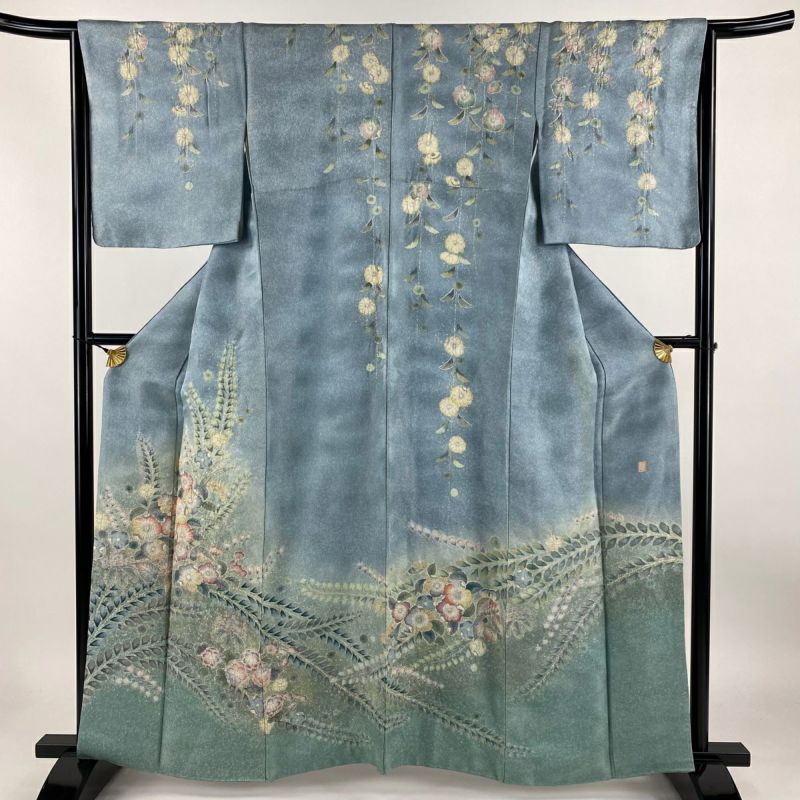 ◆K1170◆美品　正絹縮緬　訪問着　刺繍　辻が花　銀鼠色　袷　丈160cm 訪問着 身丈159.5cm 裄丈65cm M 袷 落款あり 辻が花 銀通し
