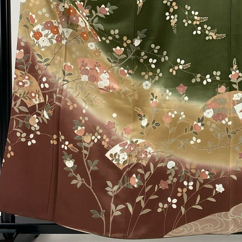 訪問着 身丈158cm 裄丈65.5cm M 袷 扇面 秋草 金糸 金彩 鶯色