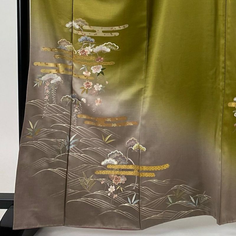 金彩 扇に花柄 ヱ霞 裄65 紋無し 付下げ 訪問着 正絹 T-3193 金彩 扇に花柄 ヱ霞 裄65 紋無し 付下げ 訪問着 正絹