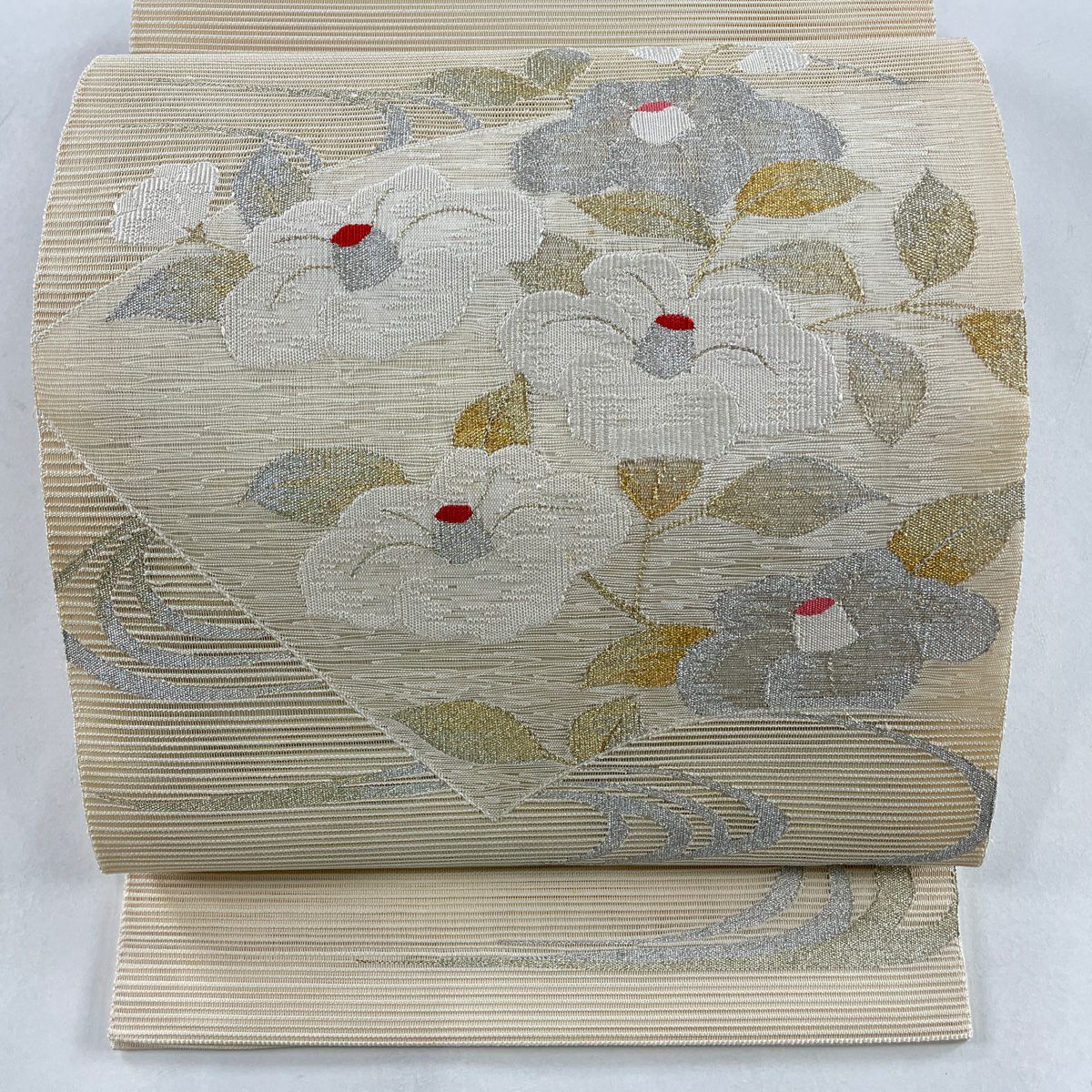 袋帯 美品 秀品 夏帯 絽 椿 扇面 金銀糸 ベージュ お太鼓柄 正絹
