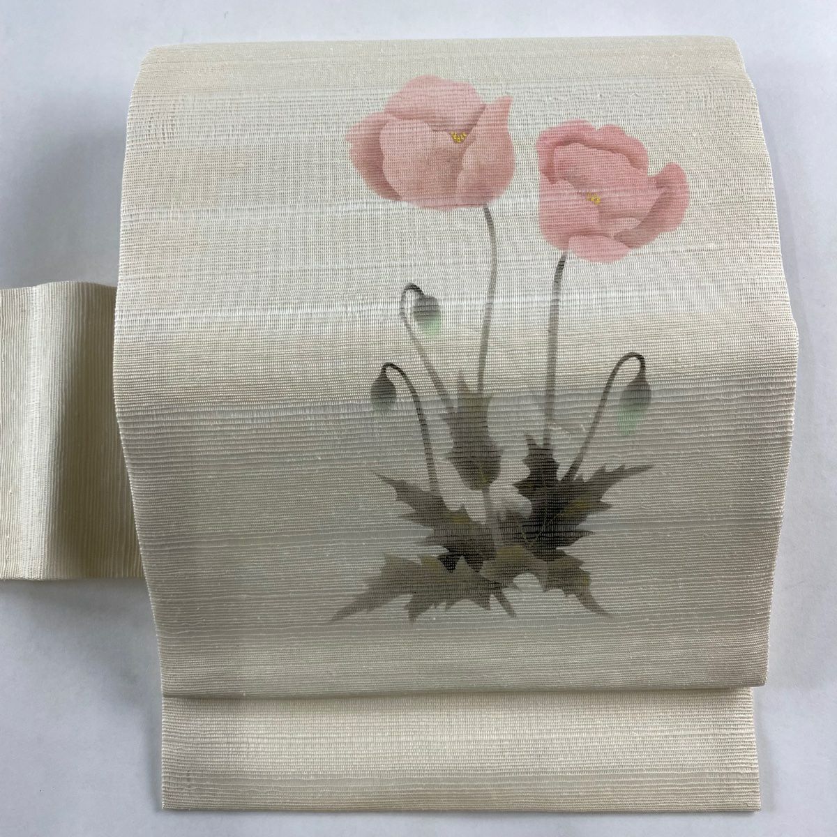名古屋帯 秀品 落款あり 花 金彩 クリーム 正絹|中古・古着