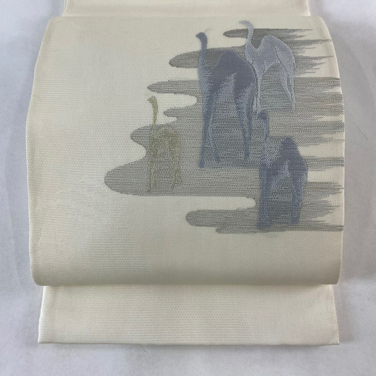 夏帯 京袋帯 百合 金銀糸 ブルーグレー 紗 #293 袋帯 秀品 夏帯 絽 菊 流水 箔 金銀糸 クリーム 六通 正絹|中古