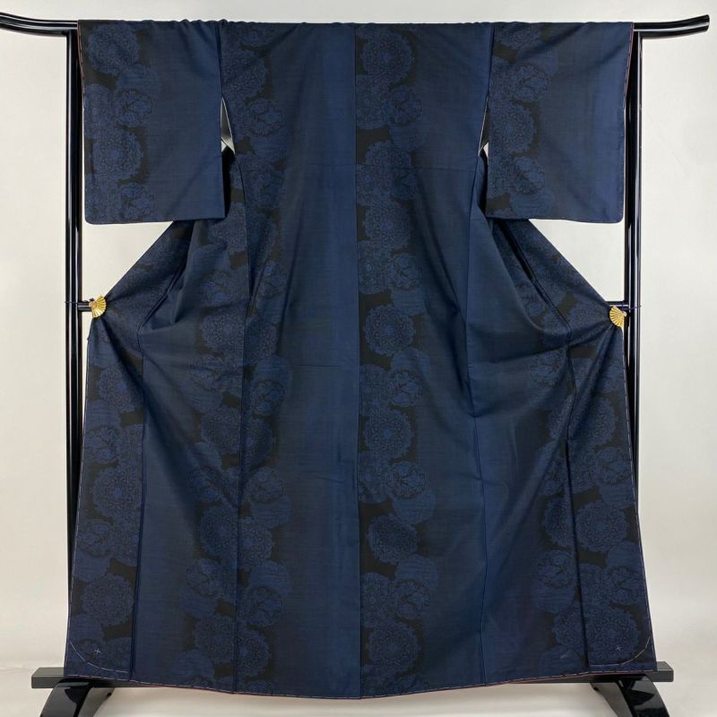 紬 身丈164cm 裄丈65.5cm M 袷 華文 雪輪 紺色 正絹 美品 秀品