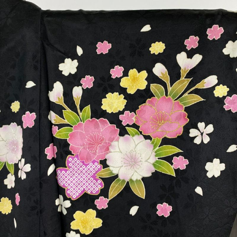 振袖 身丈166cm 裄丈68.5cm L 袷 牡丹 桜 金糸 金銀彩 黒 正絹