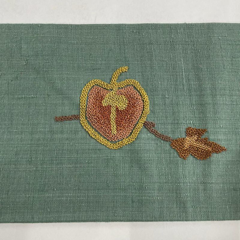 名古屋帯 美品 秀品 紬地 瓢箪 刺繍 緑 正絹｜中古・古着
