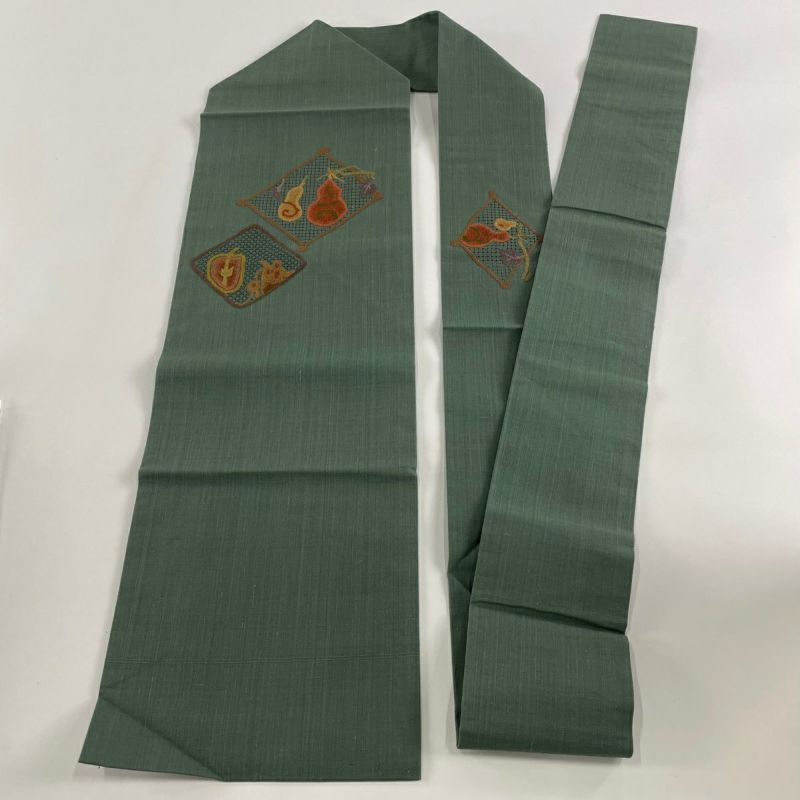 名古屋帯 美品 秀品 紬地 瓢箪 刺繍 緑 正絹｜中古・古着