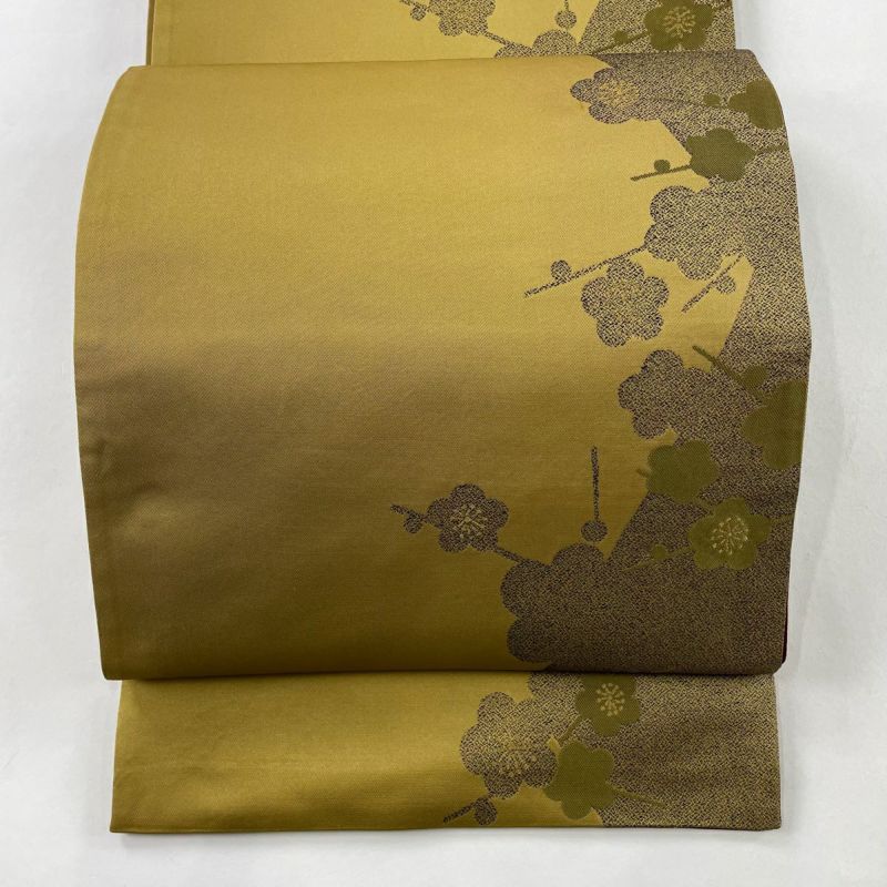 袋帯 美品 秀品 梅 シルエット 金糸 ベージュ 六通 正絹|中古 袋帯 美品 秀品 梅 シルエット 金糸 ベージュ 六通 正絹|中古