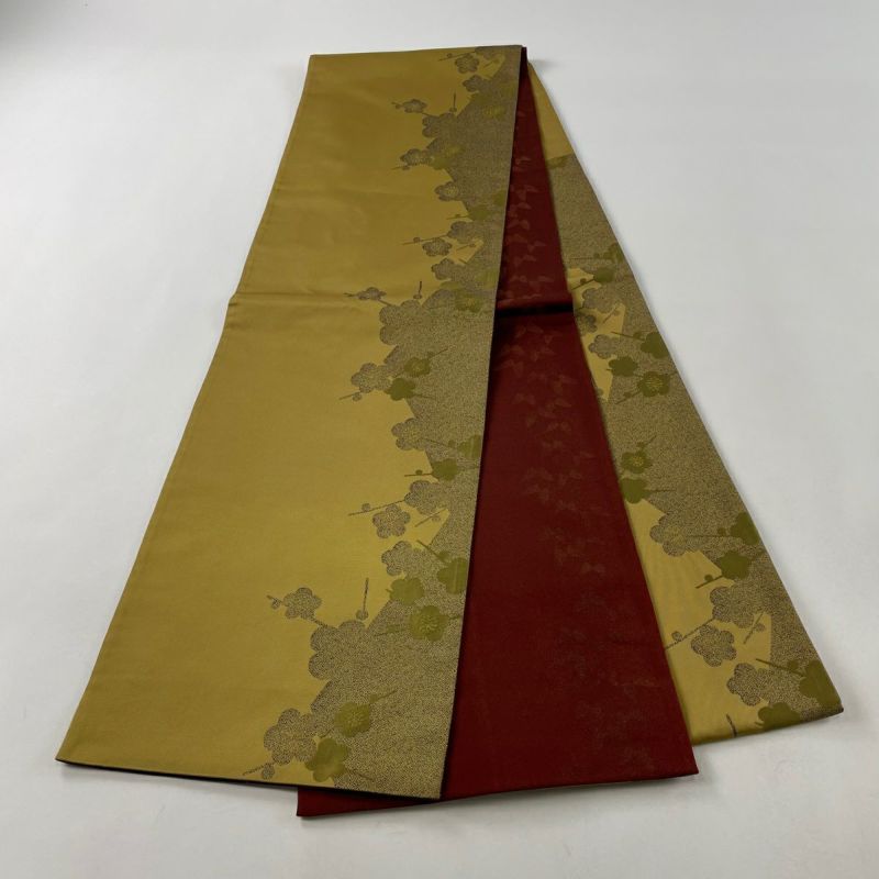 袋帯 美品 秀品 梅 シルエット 金糸 ベージュ 六通 正絹｜中古
