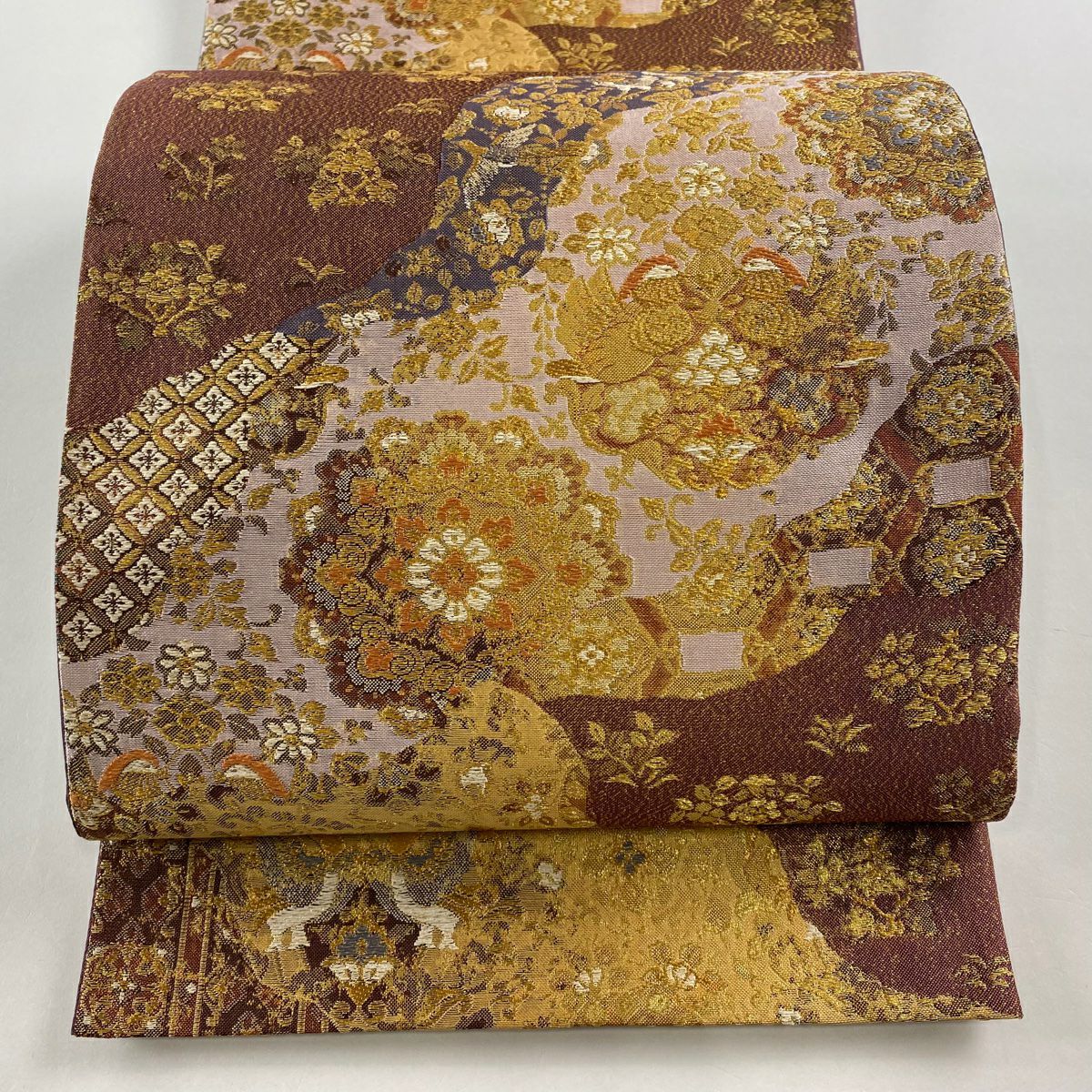 袋帯 美品 秀品 蜀江華文 花喰い鳥 箔 刺繍 深緑 六通 正絹 ｜中古