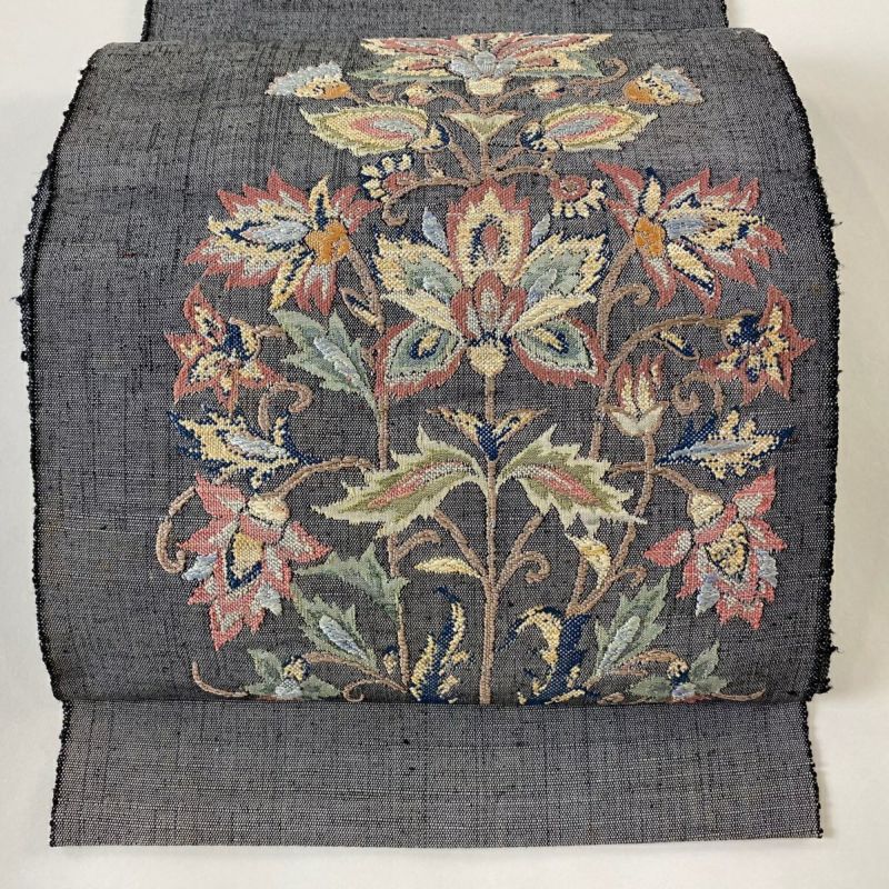 名古屋帯 美品 優品 八寸名古屋帯 草花 刺繍 ラメ糸 灰色 正絹