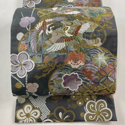袋帯 美品 秀品 鶴 蝶 金糸 灰色 六通 正絹｜中古・古着